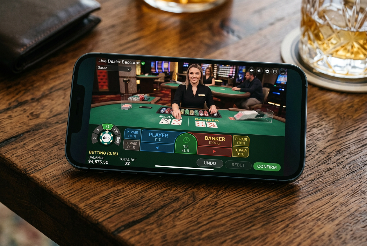 Interfejs gry baccarat online na nowoczesnym smartfonie z widocznym krupierem na żywo