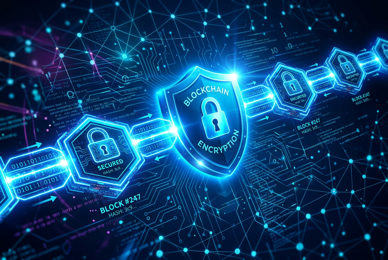 Blockchain security visualization with digital locks and data connections