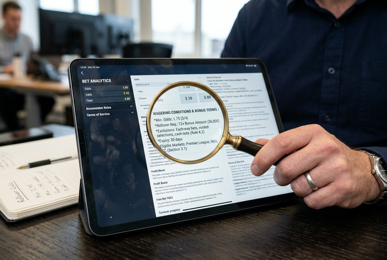 Zbliżenie na rękę trzymającą lupę nad tabletem z warunkami bonusu kasynowego