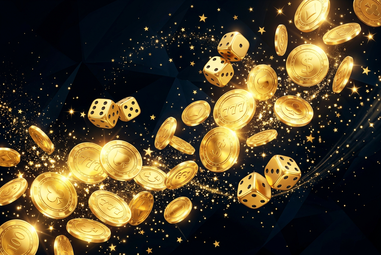 Abstrakcyjna wizualizacja złotych monet i kości do gry na eleganckim tle
