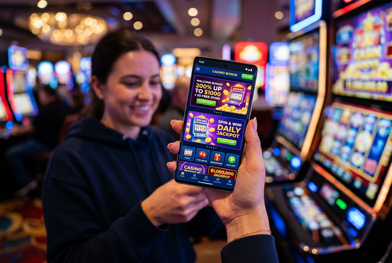 Osoba trzymająca nowoczesny smartfon z wyświetlonymi kolorowymi bonusami kasynowymi i automatami w tle