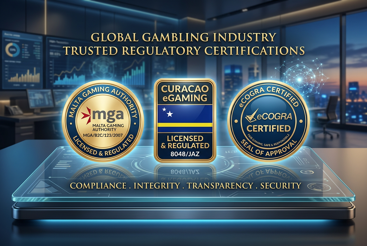 Kolaż grafik z oficjalnymi pieczęciami licencyjnymi MGA i Curacao