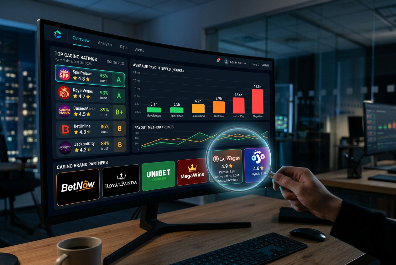 Profesjonalny panel analityczny wyświetlający rankingi kasyn, wykresy szybkości wypłat i lupę nad logo marek