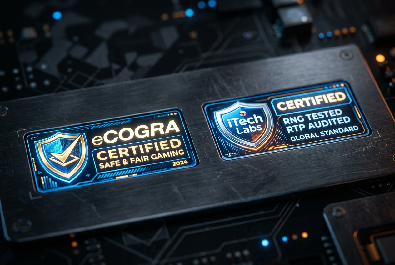 Logotypy certyfikatów eCOGRA oraz iTech Labs gwarantujące bezpieczeństwo i uczciwość kasyna