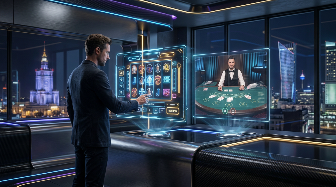 Futurystyczne kasyno online 2026 z nowoczesnymi interfejsami cyfrowymi i luksusowym designem.