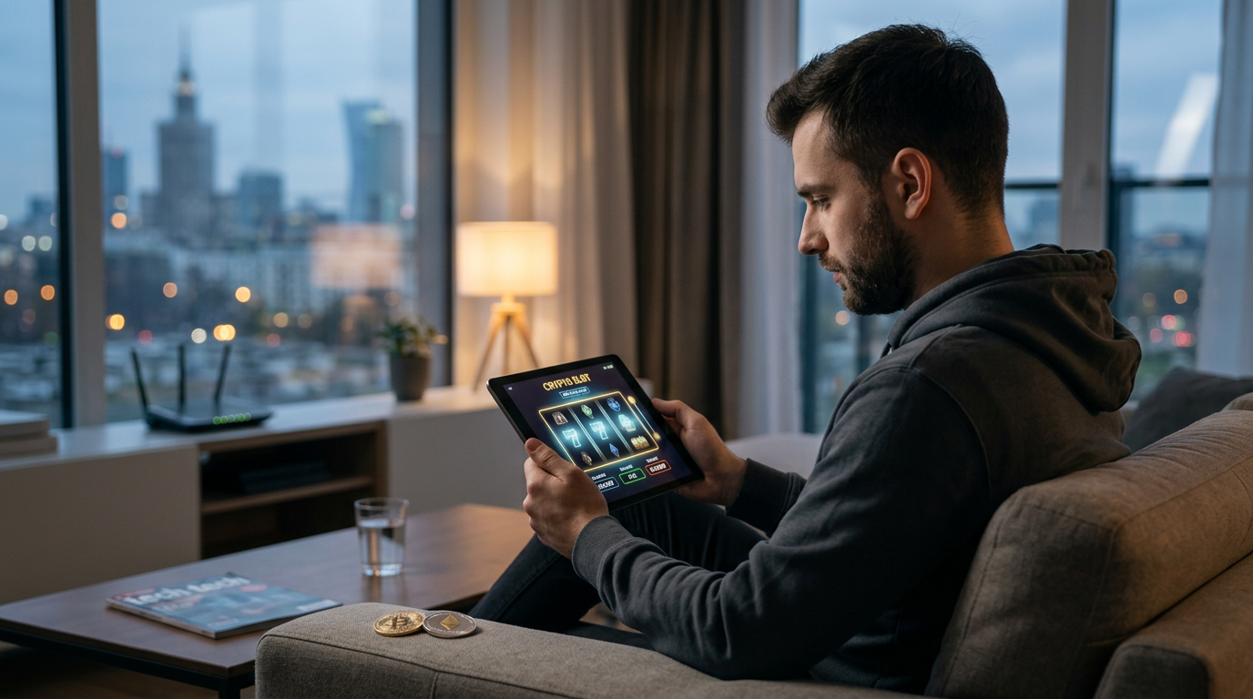 Futurystyczne kasyno krypto z automatami do gier i symbolami Bitcoina