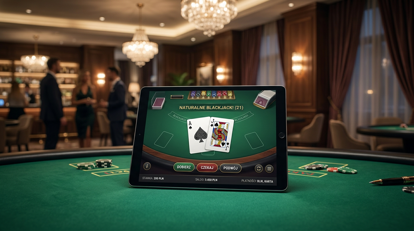Blackjack online w Polsce - tablet z kartami as i walet na zielonym suknie