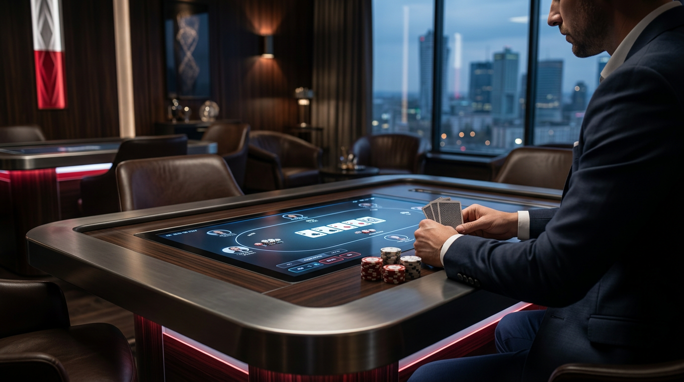 Luksusowy pokój pokerowy z wirtualnym stołem i polskimi akcentami.
