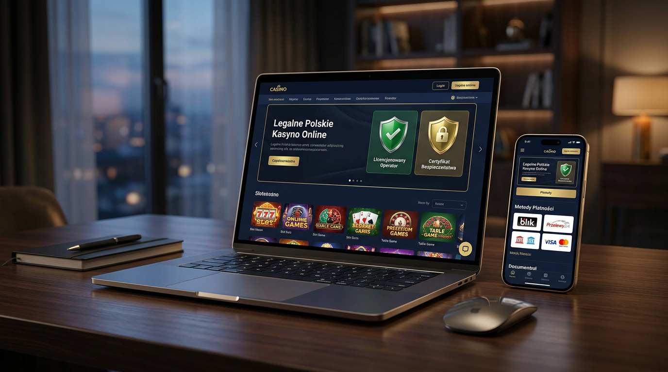 Interfejs legalnego kasyna online na laptopie i smartfonie z symbolami bezpieczeństwa i płatności BLIK