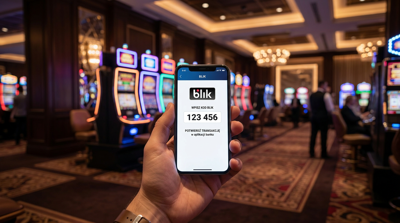 Interfejs płatności mobilnej BLIK na smartfonie w luksusowym kasynie online.