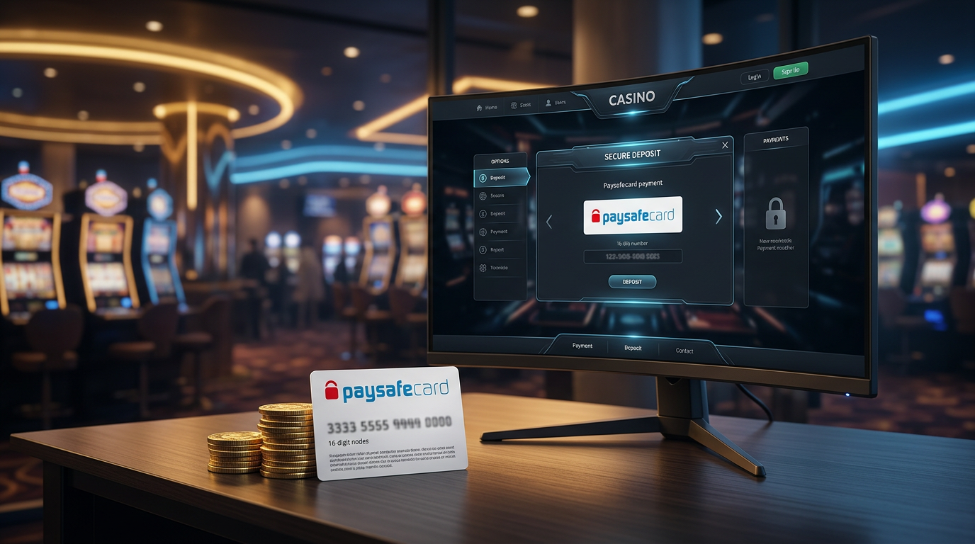 Nowoczesne kasyno internetowe z widocznym voucherem Paysafecard i złotymi monetami