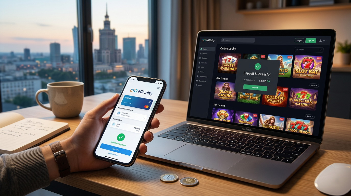 Smartfon z aplikacją e-portfela MiFinity obok komputera z widokiem kasyna online