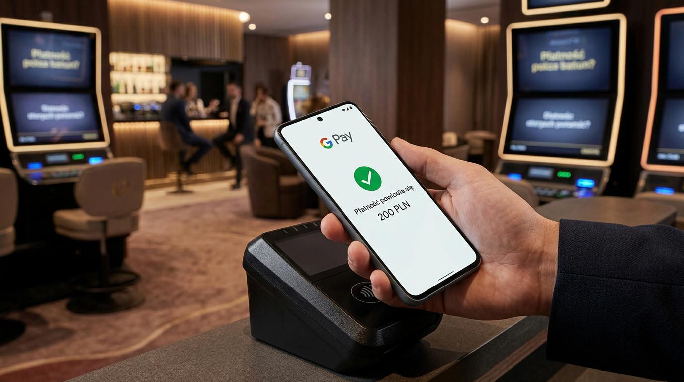 Smartfon z potwierdzeniem płatności Google Pay na tle kasyna