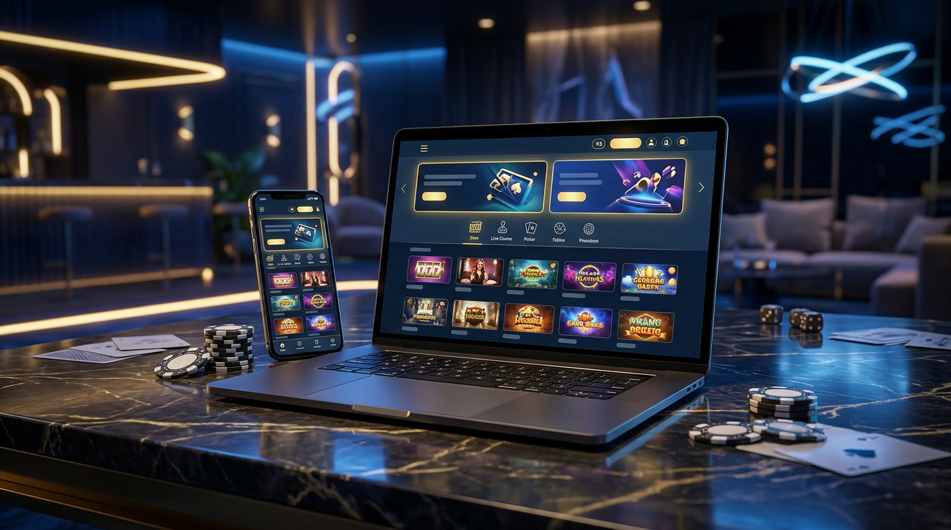 Interfejs zagranicznego kasyna online na smartfonie i laptopie