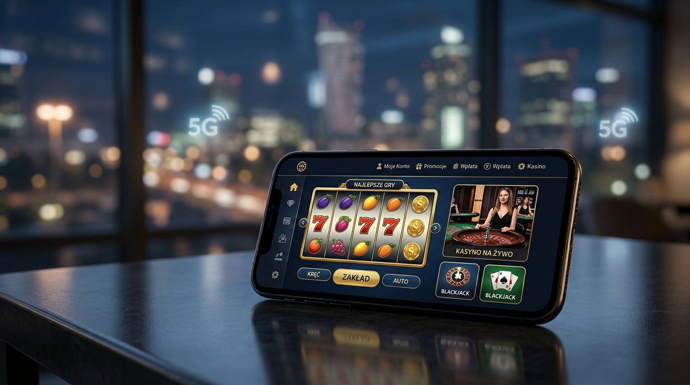 Nowoczesna aplikacja kasynowa na smartfonie z widocznym interfejsem gier i symbolami łączności 5G w tle.