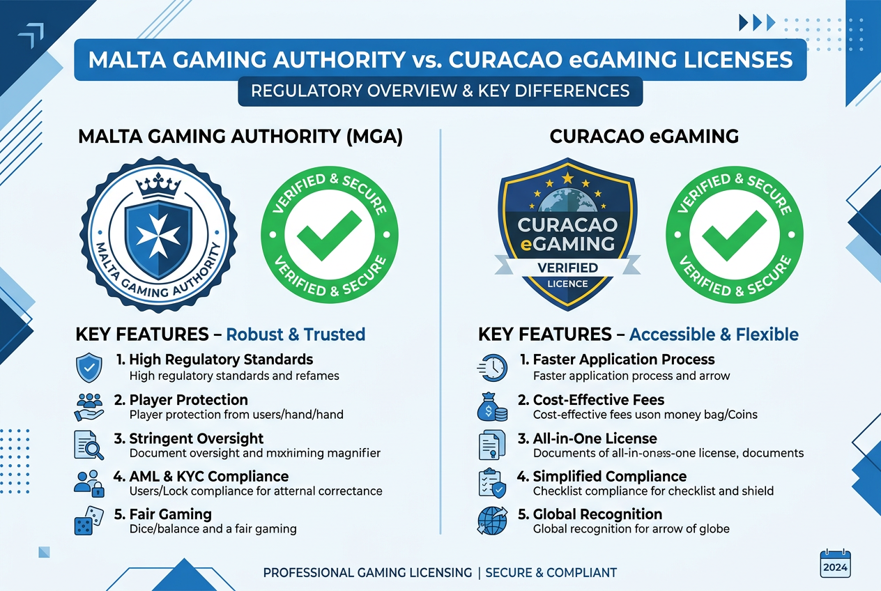 Logotypy licencji Malta Gaming Authority i Curacao eGaming z ikonami bezpieczeństwa