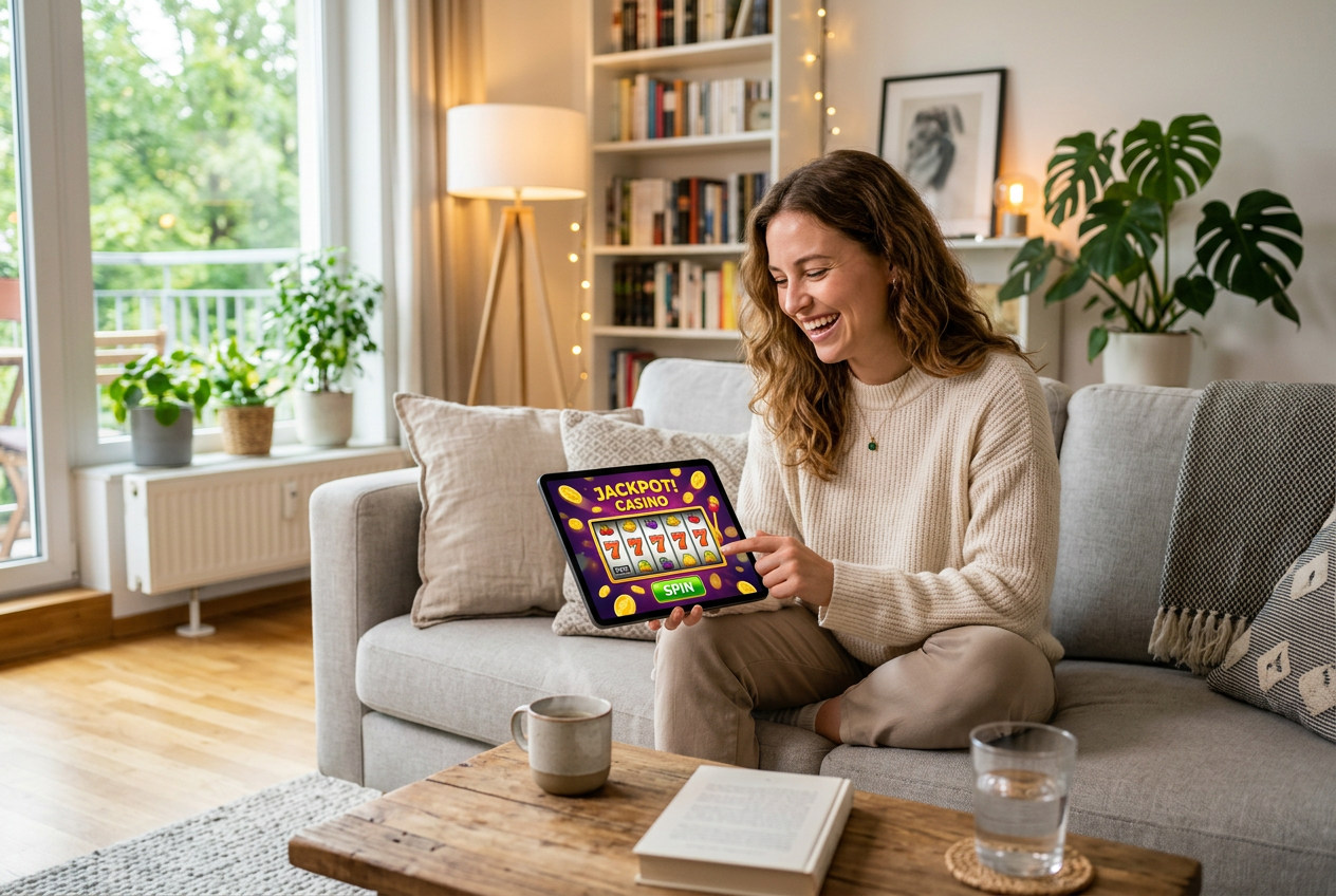 Zadowolony gracz korzystający z tabletu w nowoczesnym salonie