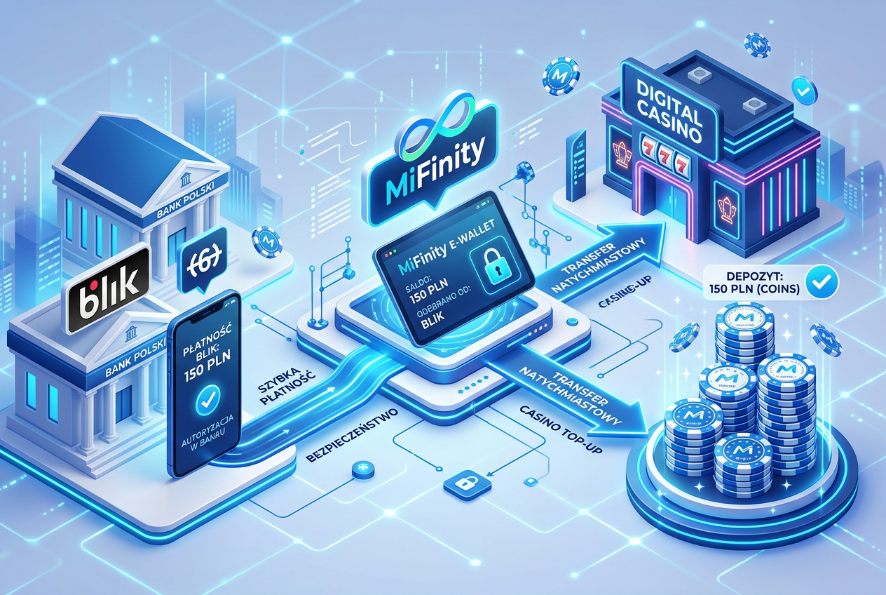 Infografika przedstawiająca mechanizm działania e-portfela MiFinity w płatnościach hazardowych