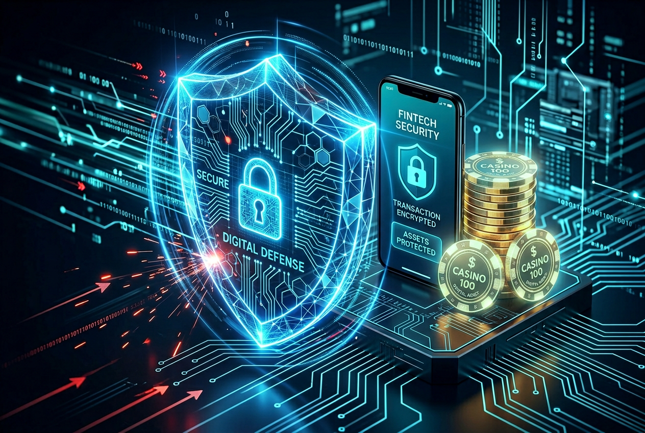 Bezpieczeństwo transakcji w kasynie online ilustracja tarcza i cyfrowe zabezpieczenia
