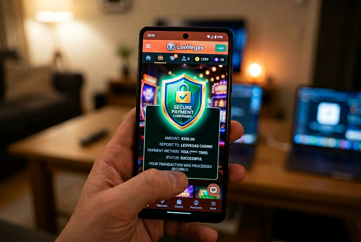 Bezpieczna płatność mobilna z ikoną tarczy i smartfonem w nowoczesnym otoczeniu kasyna