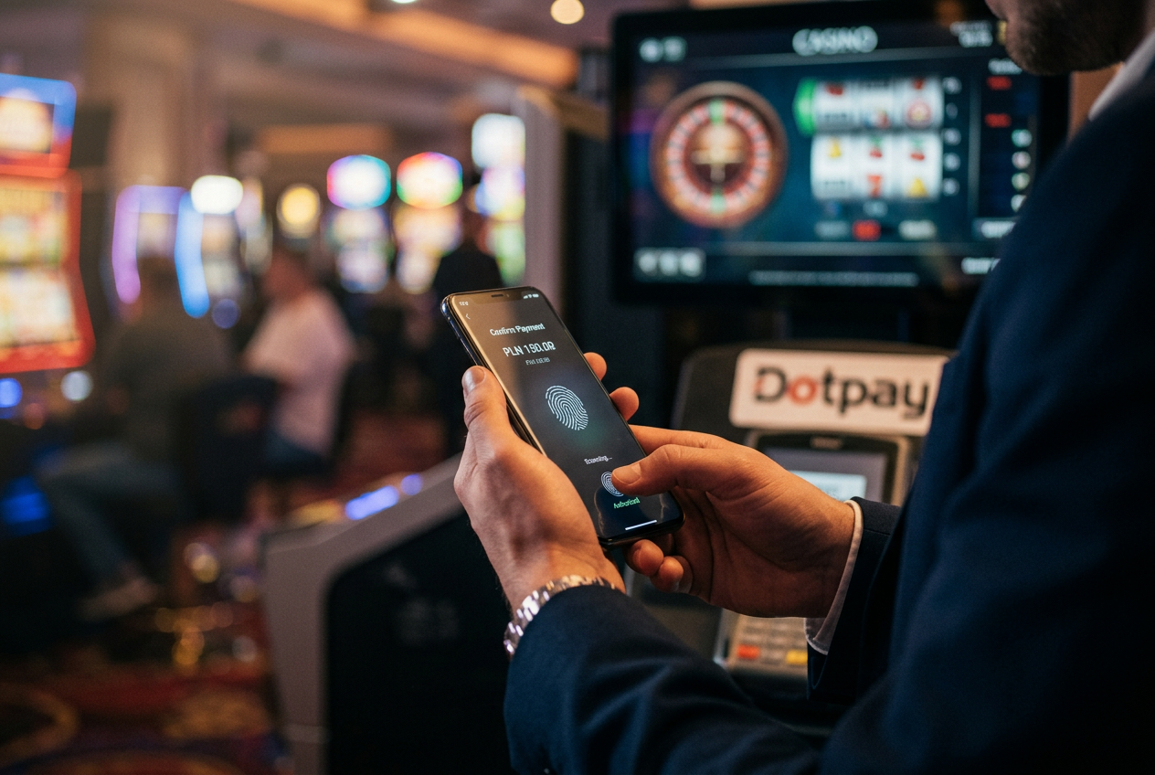 Osoba korzystająca ze smartfona do bezpiecznej płatności w kasynie online poprzez Dotpay SMS