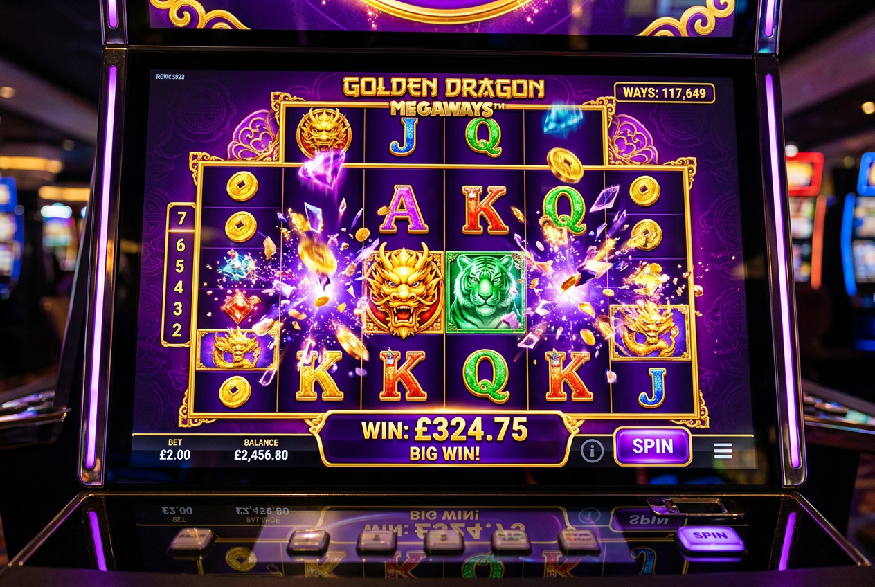 Zbliżenie na ekran cyfrowego automatu do gry Megaways z wysoką grafiką 3D i efektami wizualnymi.