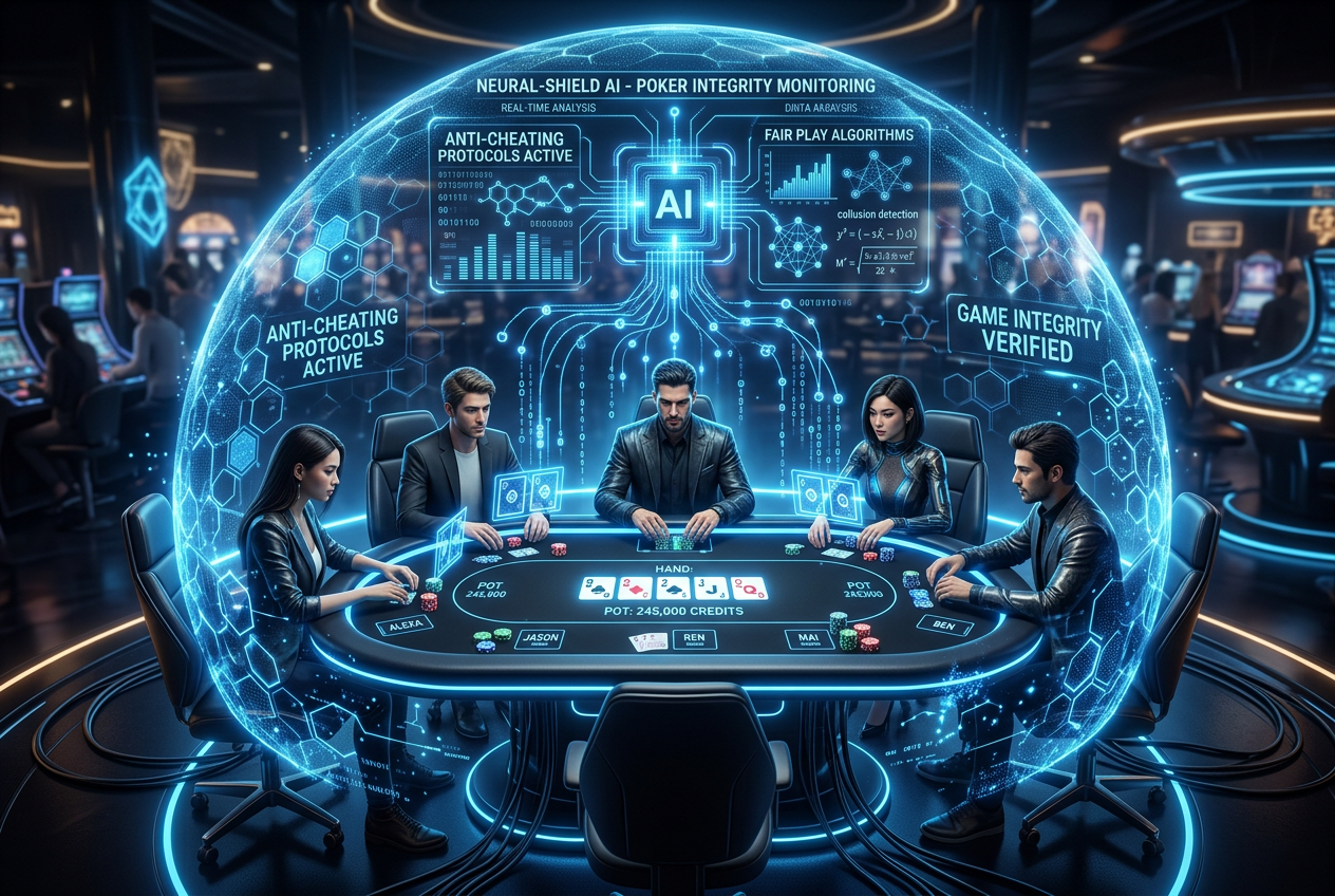 Wizualizacja tarczy bezpieczeństwa AI chroniącej stół pokerowy przed botami