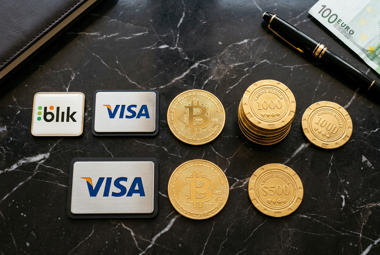 Tabela z logotypami systemów płatności na tle złoconych monet