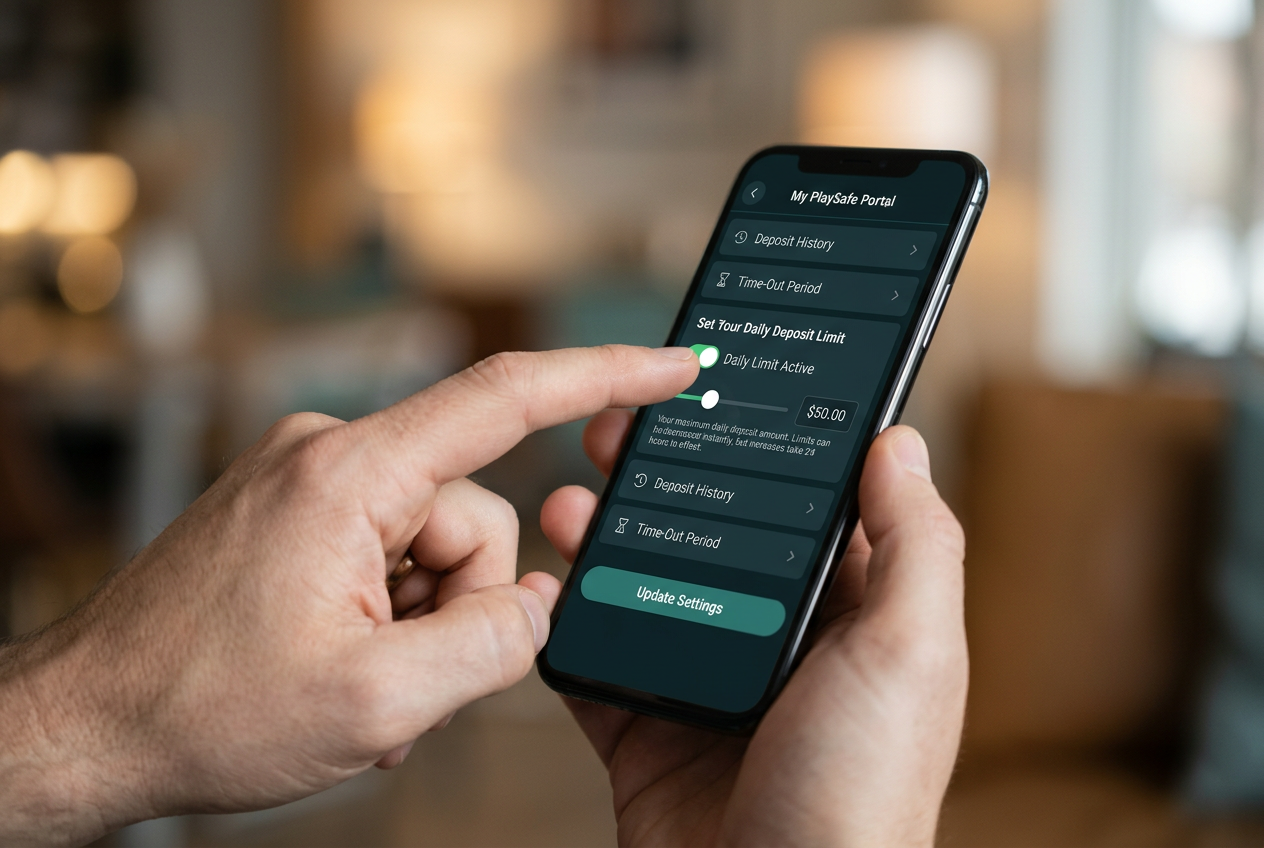 Ludzka dłoń ustawiająca limity wydatków na cyfrowym ekranie aplikacji do gier