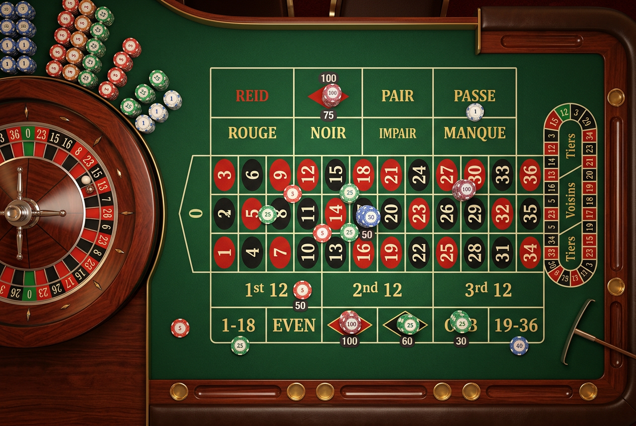 Widok z góry na układ stołu do ruletki z żetonami na różnych polach