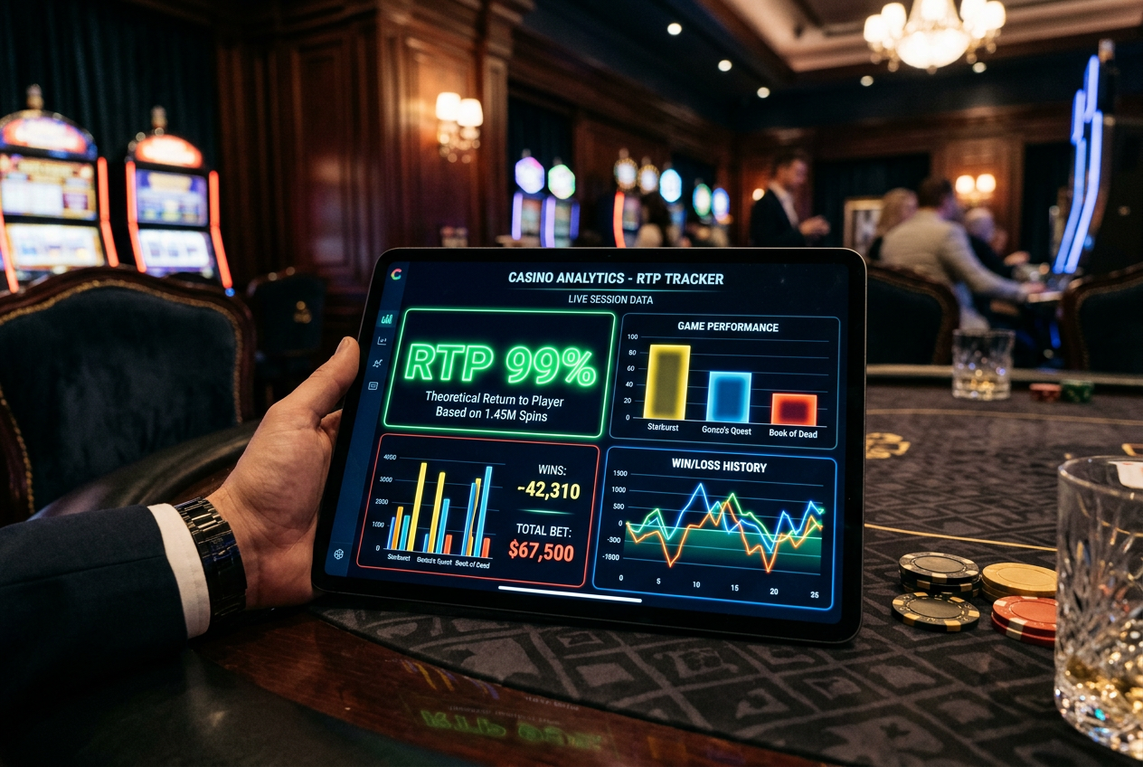 Analiza statystyk RTP na ekranie tabletu z neonowymi wykresami