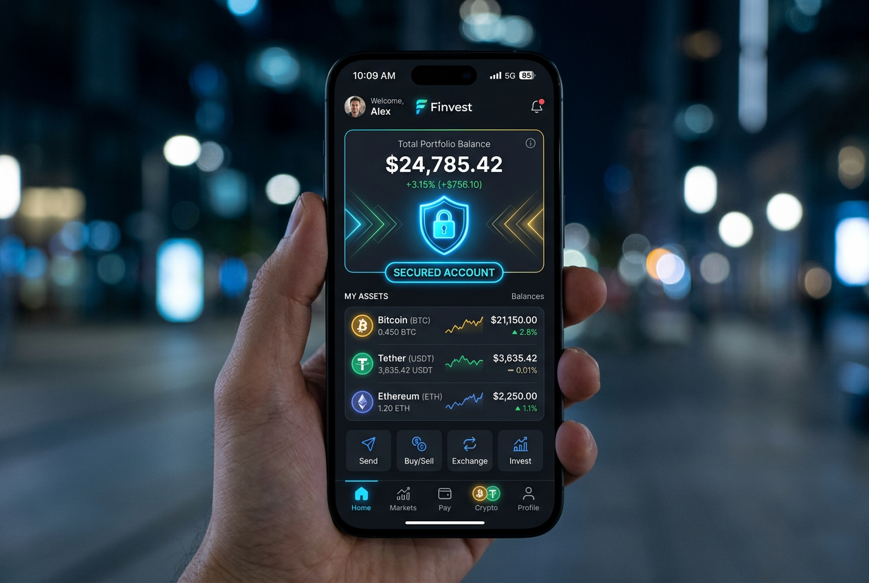 Interfejs aplikacji mobilnej z portfelem kryptowalut i opcjami płatności