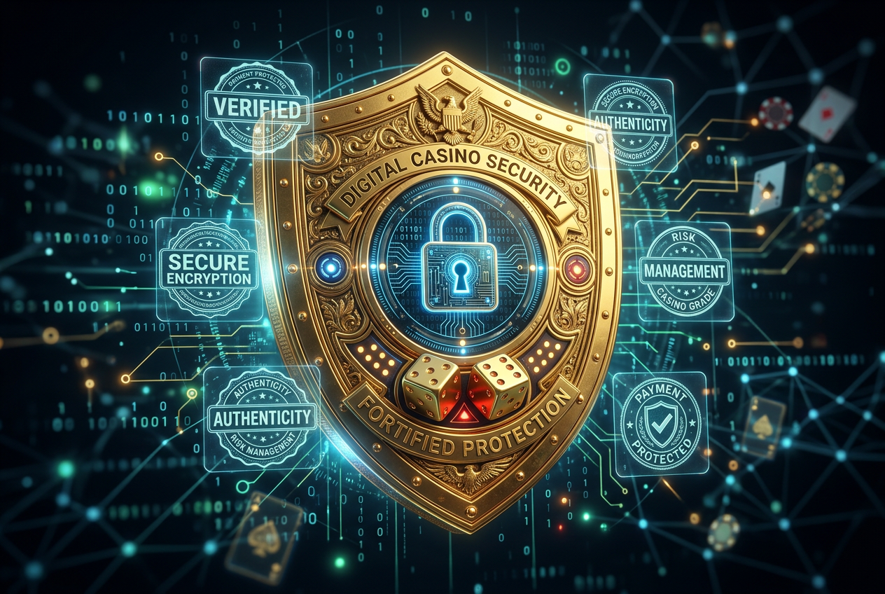 Złota tarcza 3D z cyfrową kłódką i kośćmi do gry na ciemnym tle z symbolami bezpieczeństwa