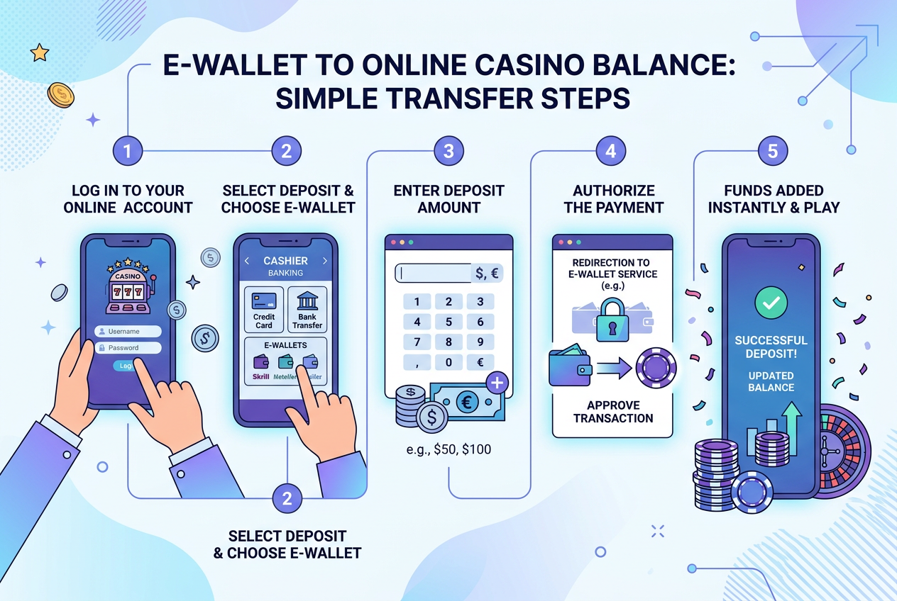 Infografika pokazująca proces depozytu Skrill z portfela elektronicznego na konto gracza