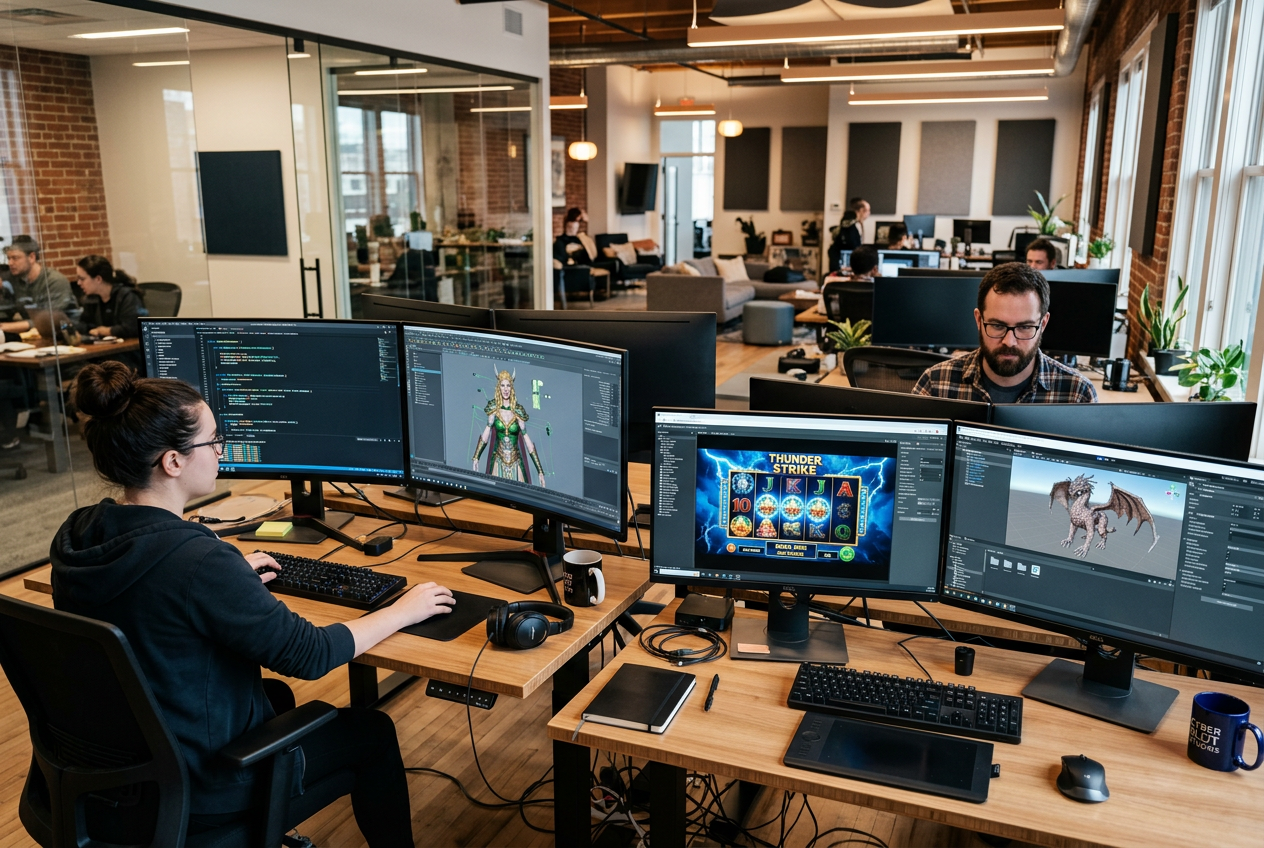 Programista w nowoczesnym biurze pracujący nad kodem i grafiką 3D nowego automatu online.