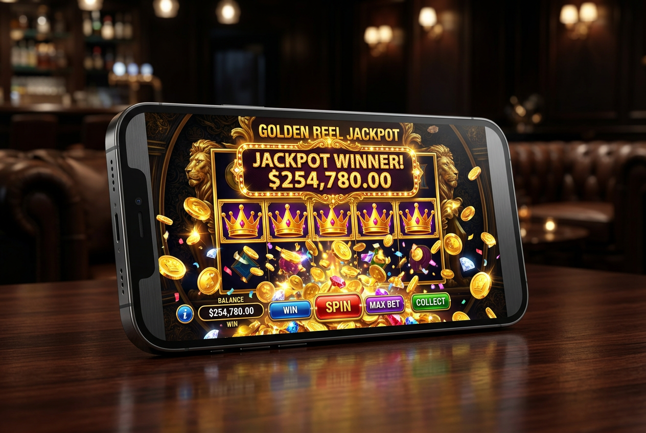 Ekran smartfona z uruchomioną grą w sloty z symbolem jackpota