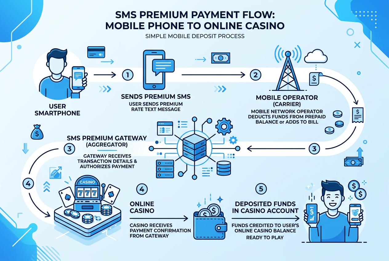 Infografika przedstawiająca schemat przepływu płatności SMS Premium od operatora do kasyna online
