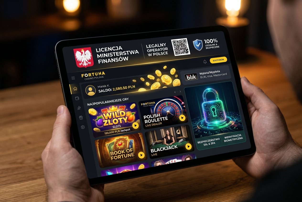 Modern digital interface of Total Casino with Polish legal gambling certification symbols and luxury casino elements